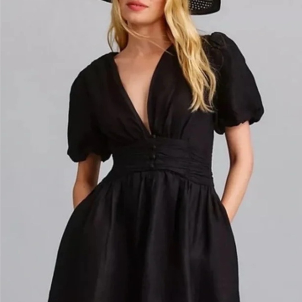 Black Puff Sleeve Plunge Neck Midi Sundress